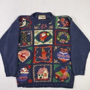 Vintage Crystal Kobe Christmas Sweater Women's Large Blue Knit Holiday Santa